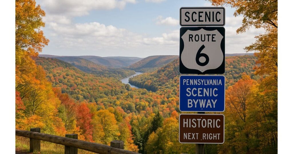 Fall foliage along Pennsylvania Route 6 with a vintage road sign and panoramic overlook