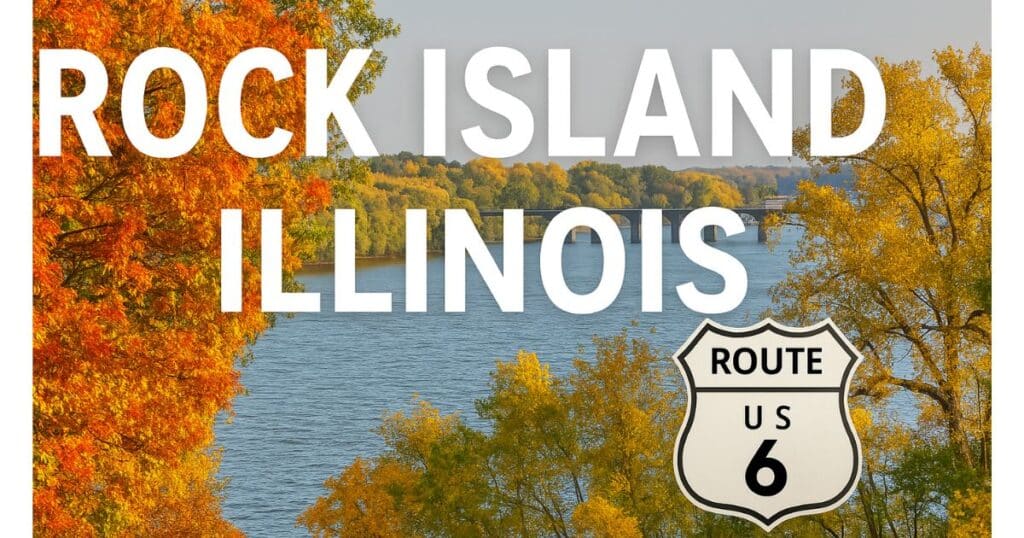 Fall foliage along the Mississippi River in Rock Island, Illinois with trees in vibrant autumn colors.
