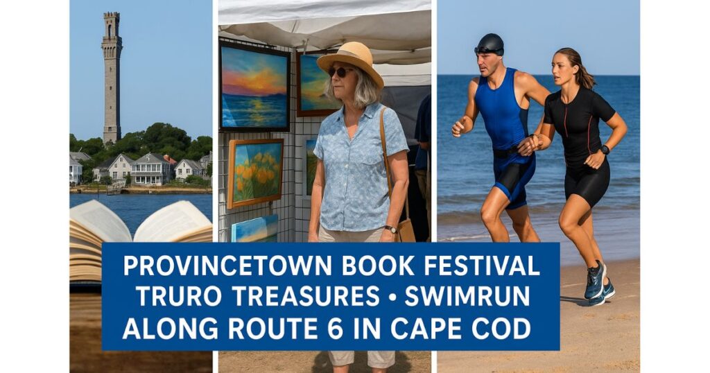 Collage of Provincetown Book Festival, Truro Treasures art fair, and SwimRun athletes along Route 6 in Cape Cod.