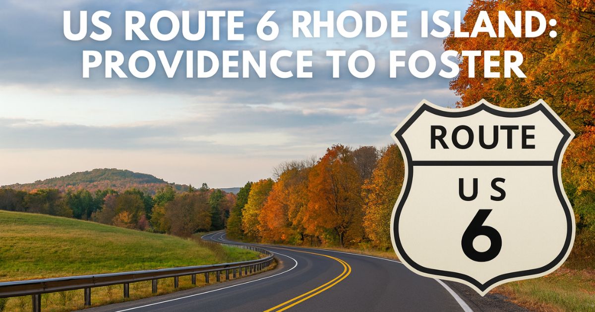 Scenic view along US Route 6 in Rhode Island showing a winding country road lined with autumn trees between Providence, Scituate, and Foster