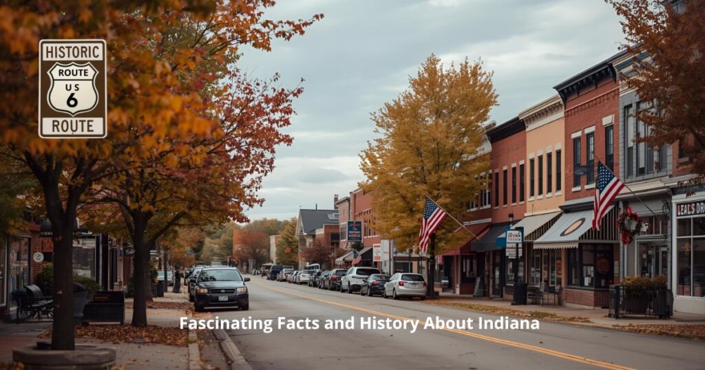A small Indiana downtown lined with brick buildings, autumn trees, and American flags along Historic US Route 6, with parked cars on both sides and the text “Fascinating Facts and History About Indiana” across the bottom.
