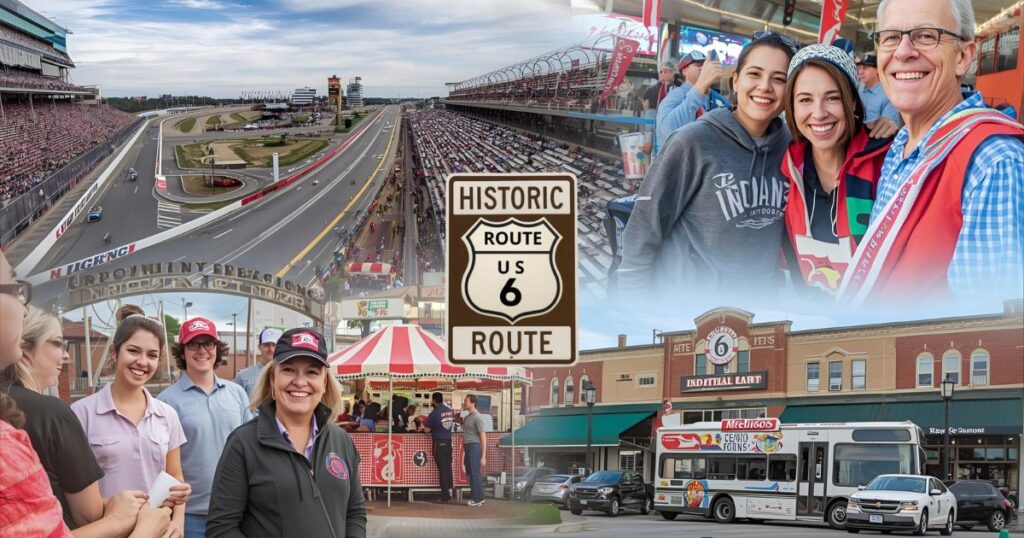 Collage of Indiana culture featuring the Indy 500, small-town fairs, and Route 6 scenery