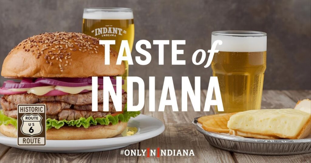 A large breaded pork tenderloin sandwich with lettuce, red onion, and cheese sits beside two glasses of beer and a plate of Indiana artisan cheese on a rustic wooden table.