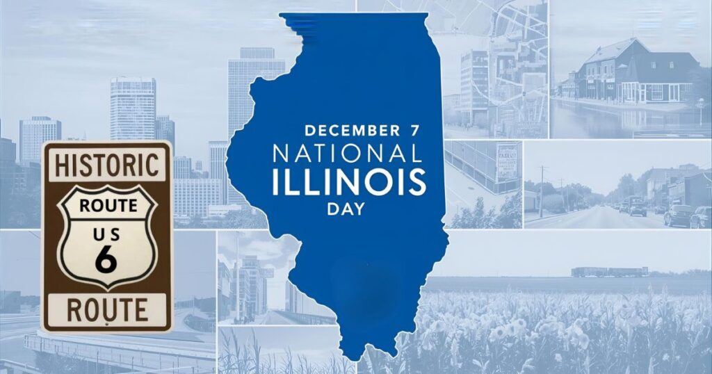 Horizontal image showing Illinois outline, Route 6 shield, and a blend of city and prairie scenes promoting National Illinois Day on December 7