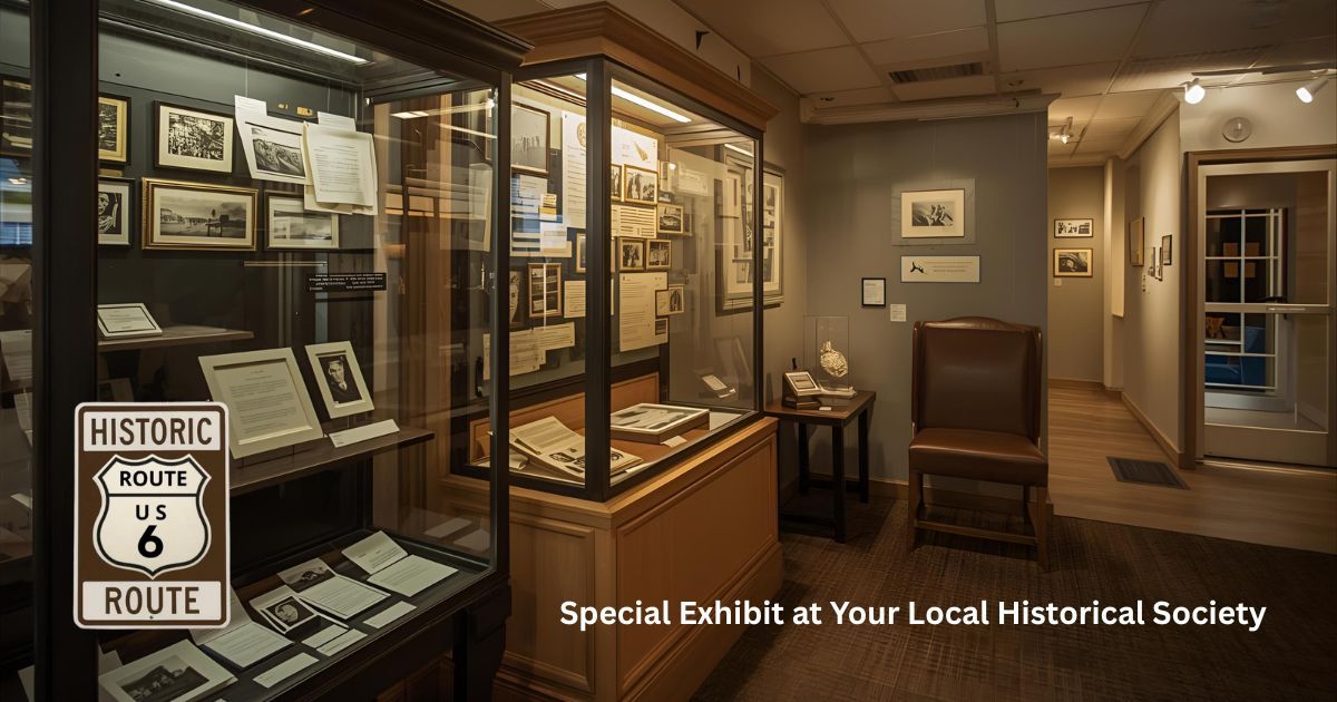 Museum exhibit room displaying vintage photographs, artifacts, and signage announcing a special exhibit open through Sunday.