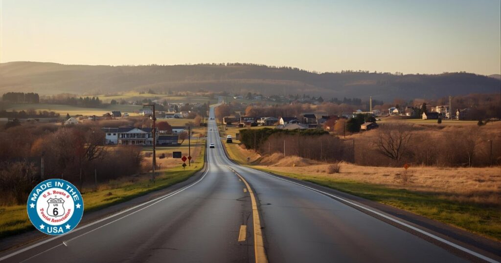 Scenic golden-hour view of Historic US Route 6 stretching through rolling hills and small-town landscapes.