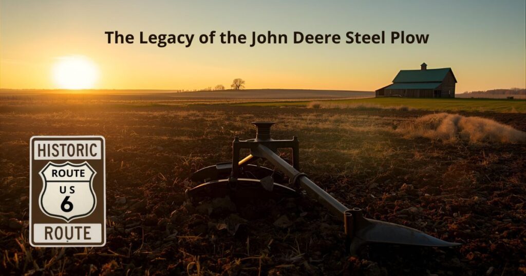 A gleaming steel plow in freshly turned prairie soil at sunrise, symbolizing John Deere’s 1837 innovation that revolutionized American agriculture.