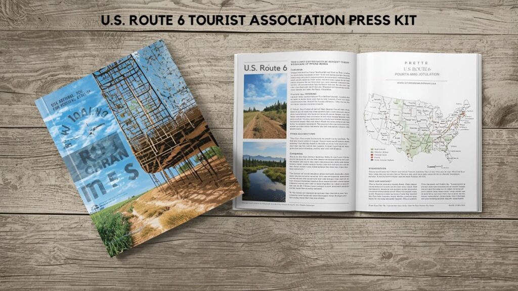 “Flat-lay view of the U.S. Route 6 Tourist Association Press Kit on a wooden surface, showing a closed brochure with a scenic cover on the left and an open booklet on the right. The open pages feature photographs of landscapes along U.S. Route 6, descriptive text, and a detailed U.S. map highlighting the Route 6 corridor across the country.”