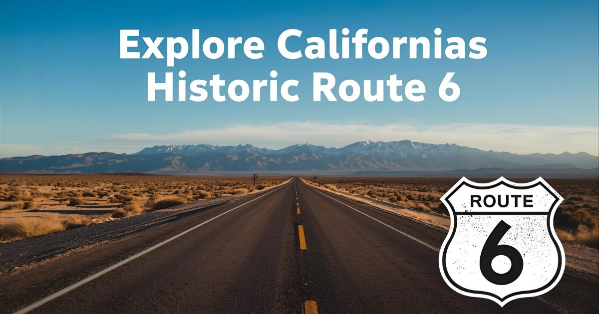 A scenic view of California’s Historic Route 6 stretching toward the Sierra Nevada mountains under a clear blue sky.