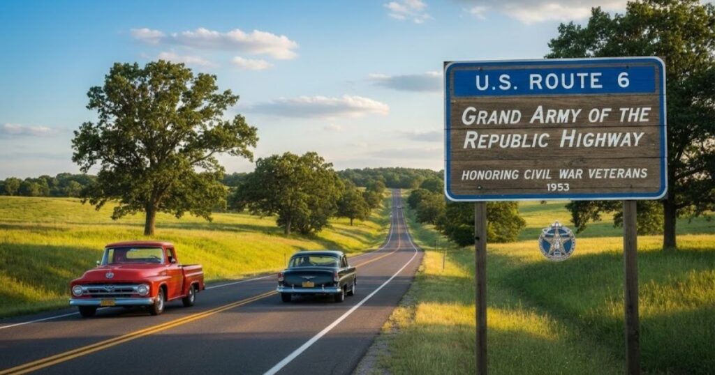 Historic US Route 6 highway scene representing the Grand Army of the Republic Highway honoring Union Civil War veterans across the United States