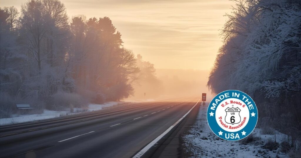 Winter road scene along Historic US Route 6 with snow-dusted trees and an open highway under clear cold skies.