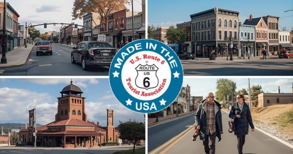 Historic US Route 6 shield over a scenic stretch of highway representing the mission of the US Route 6 Tourist Association