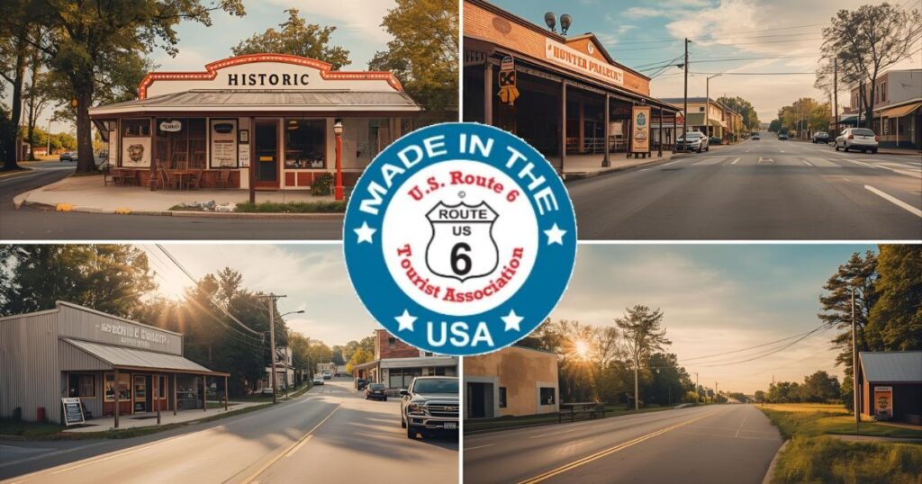 Collage of Historic US Route 6 communities showing local shops, diners, scenic pull-offs, and welcoming small-town streets