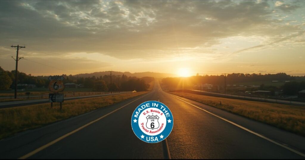 Historic US Route 6 Tourist Association shield over a scenic American highway inviting travelers to join the Route 6 community on YouTube