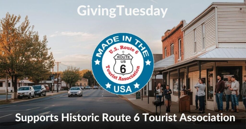 GivingTuesday graphic showing historic US Route 6 sign and small town streets