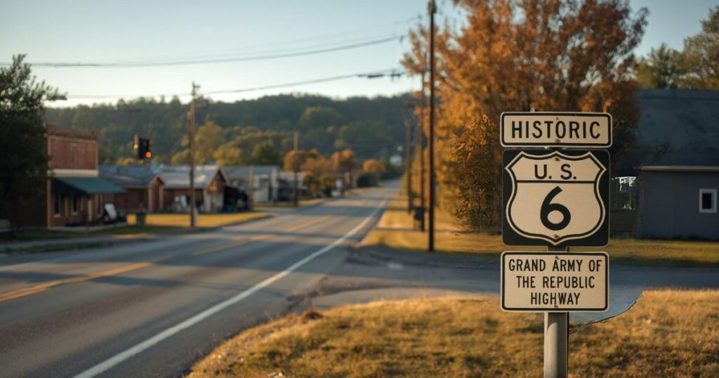 About donations for Historic US Route 6 signage  overlooking a small town main street