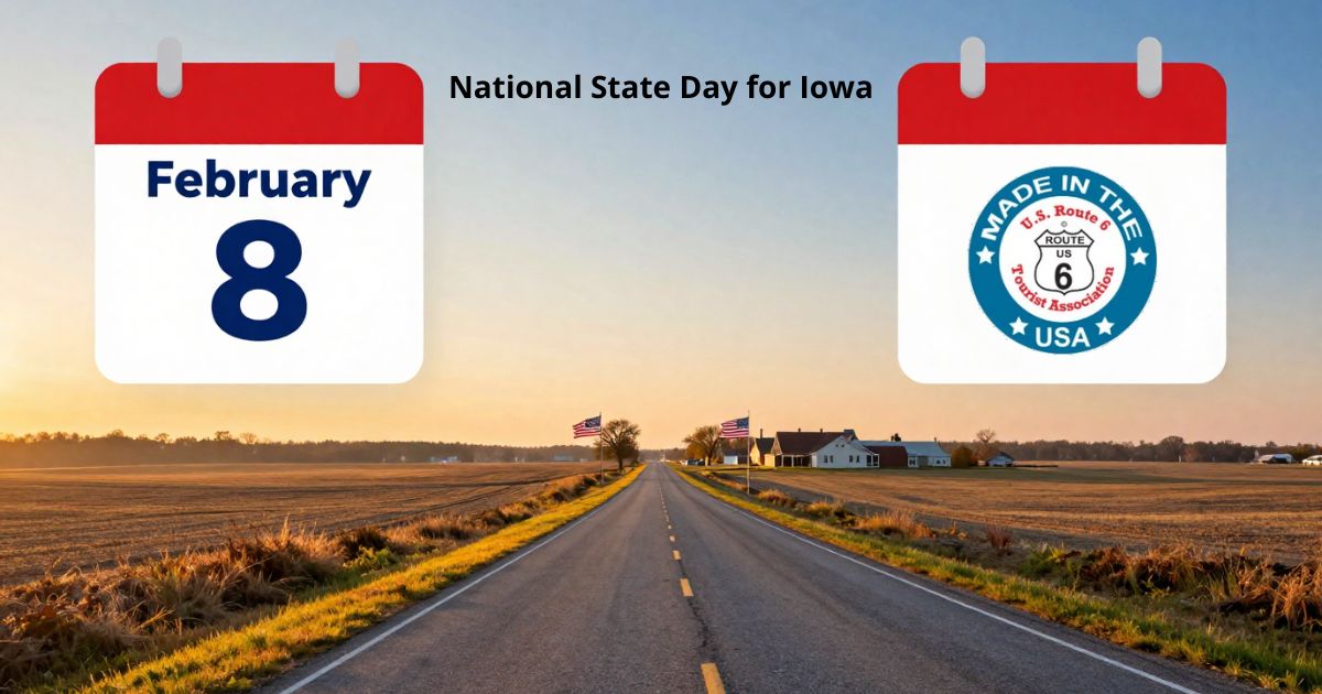 Route 6 roadway through Iowa farmland with February 8 calendar icon.