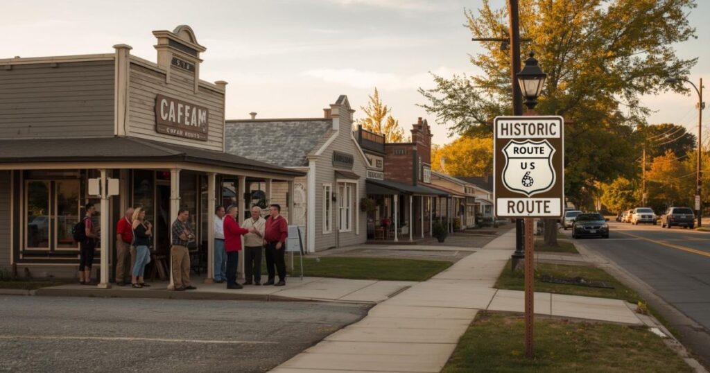 Community partners gathered near a Route 6 sign in a small town.