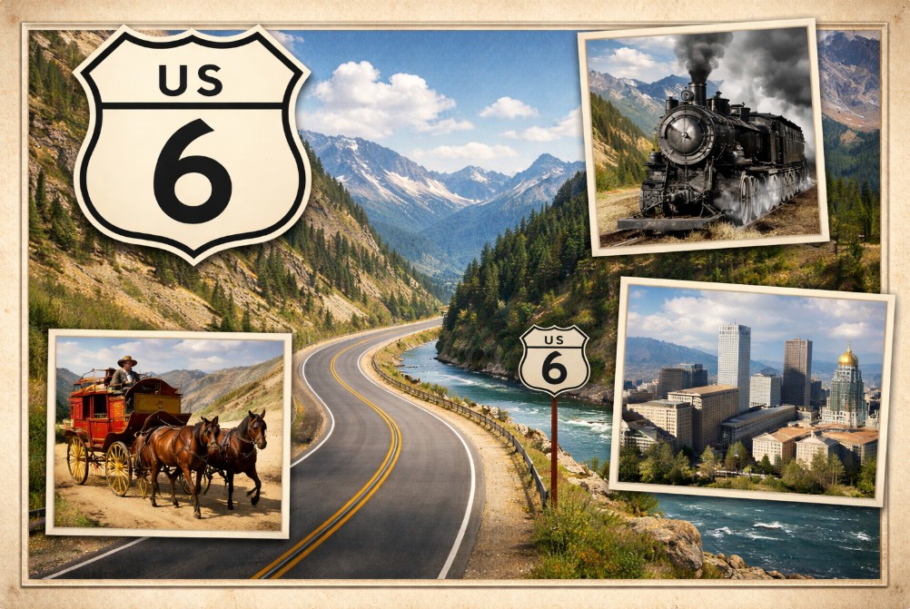 Historic locomotive and mountain backdrop representing museums along US Route 6 in Colorado