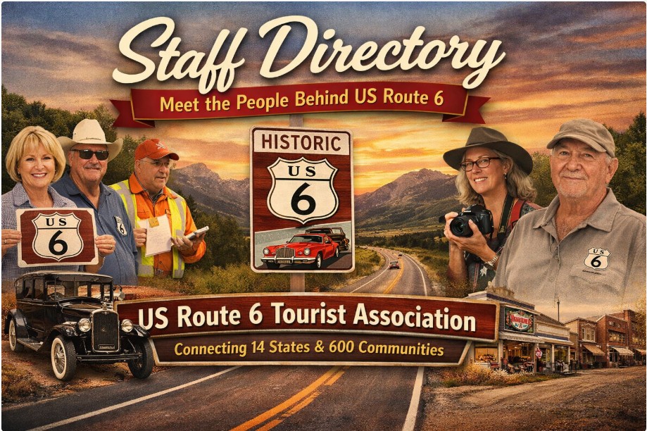 Banner graphic for the US Route 6 Tourist Association Staff Directory page featuring a historic US Route 6 highway shield, scenic roadway landscape, vintage automobile, small town main street, and portraits of team members with the headline Staff Directory and Meet the People Behind US Route 6.