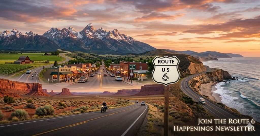 Scenic highway scene representing US Route 6 across diverse landscapes promoting the Route 6 Happenings newsletter.
