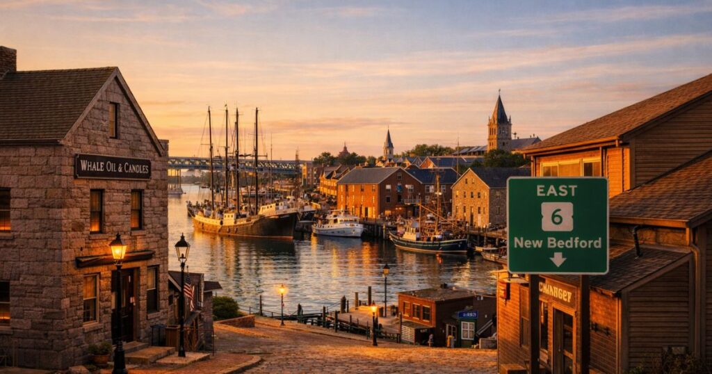 Historic New Bedford waterfront district with whaling era buildings near US Route 6
