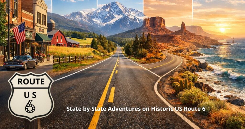 Scenic highway representing US Route 6 traveling across diverse American landscapes from coast to coast